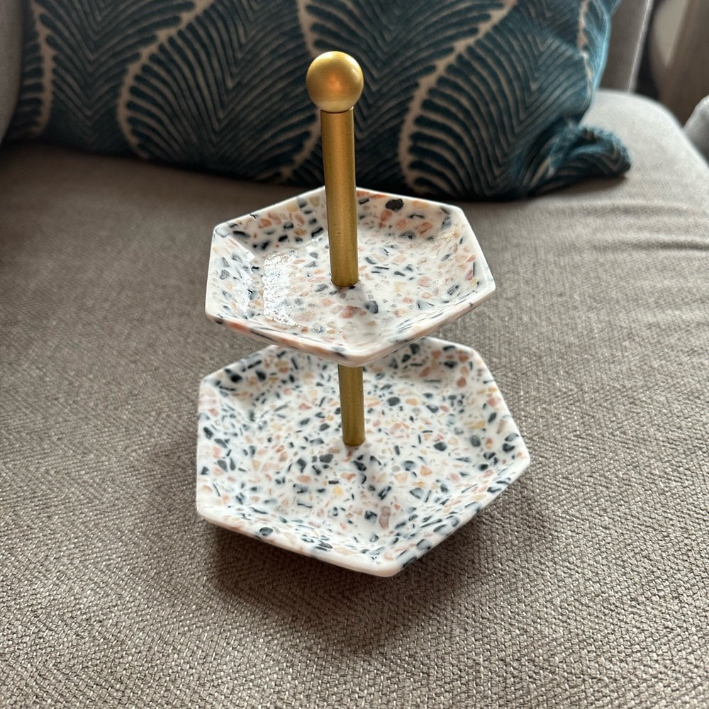 World Market 2-Tier White Speckled Trinket Dish / Jewelry Holder